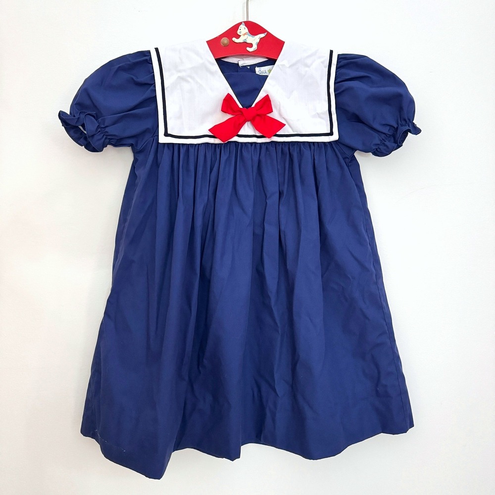 Petit Pomme Girls Navy Blue Sailor Dress Short Sleeve White Collar Red Bow 3T